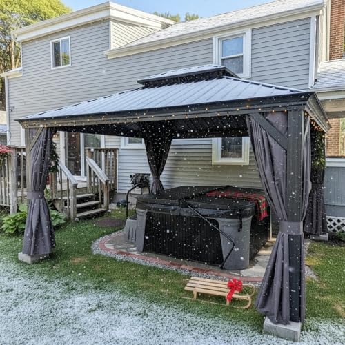 PURPLE LEAF Tonnelle de Jardin Exterieur 4,25 x 3,25 m Pergola Aluminium avec Moustiquaire et Rideaux Pavillon de Jardin à Double Toit Acier Galvanisé, Gris