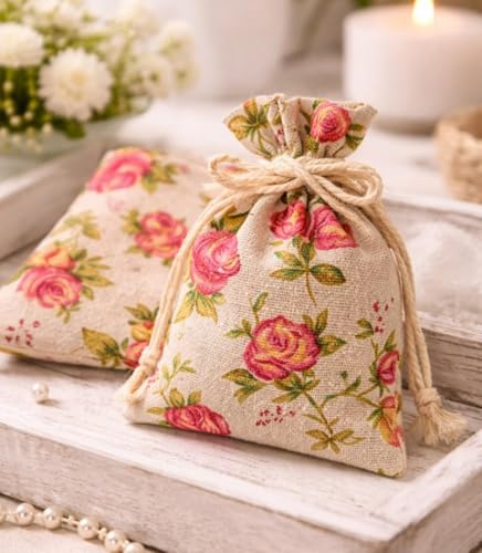 Image of SATYAM KRAFT 50 Pcs Mini Jute Potli Bags Flower Print | Gift Pouch for Gifting, Baby Shower, Wedding,Corporate Gifting, Party Favors, Return Gift, Dry fruits, Jewellery, Sweets, Chocolates (Multi)