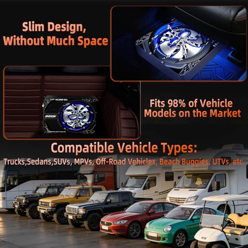 Image of Upgraded 10 Inch 1600W Under Seat Subwoofer with Amp, Powered Slim Sub, Blue LED Ambient Light, (LPF /Gain /Bass Boost) Independent Bass Knob, Car Audio Subwoofer Package for Truck SUV Jeep MPV