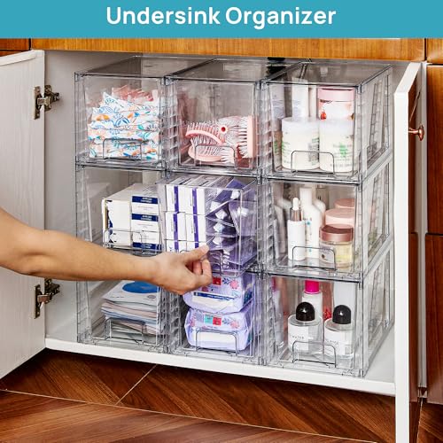 Image of Vtopmart 6 Pack Large Stackable Storage Drawers | Easily Assemble Acrylic, Bathroom Closet Undersink Organizers, Plastic Bins for Kitchen Cabinets, Pantry, Makeup, Medicine