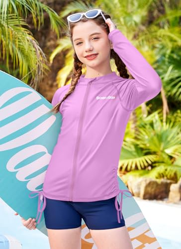 Image of BesserBay Girls Rash Guard UPF 50+ Zip Up Raglan Long Sleeve Adjustable Drawstring Swim UV Jacket 4-14 Years