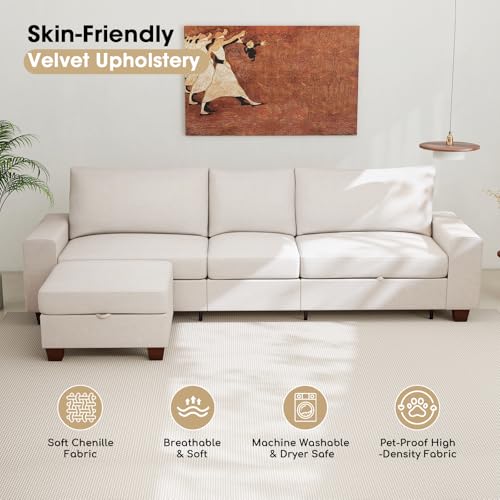 Image of Couchus 112 inch Convertible Storage Sectional Sofa,L Shaped Couch with Storage Ottoman,Multi-Functional Reversible Sofa with Huge Storage Space, Breathable Fabric (Beige)