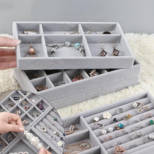 Kit 3 Bandejas Porta Joias Veludo Organizadora Bijuterias Cor Porta Joias Cinza