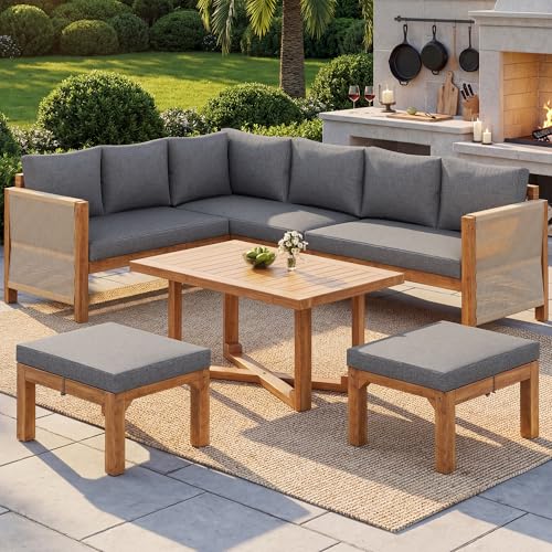 luckdect Salon de Jardin Exterieur 6/8 Personnes, Modulaire en Acacia en Forme de L Canapé d'angle avec Accoudoirs en Bois avec 3 Canapés 2 Places,2...