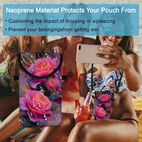Image of Neoprene Cell Phone Sleeve Pouch Case Bag with Crossbody Strap Neck Lanyard for Women 7.5 X 4.3 in Beautiful Flowers
