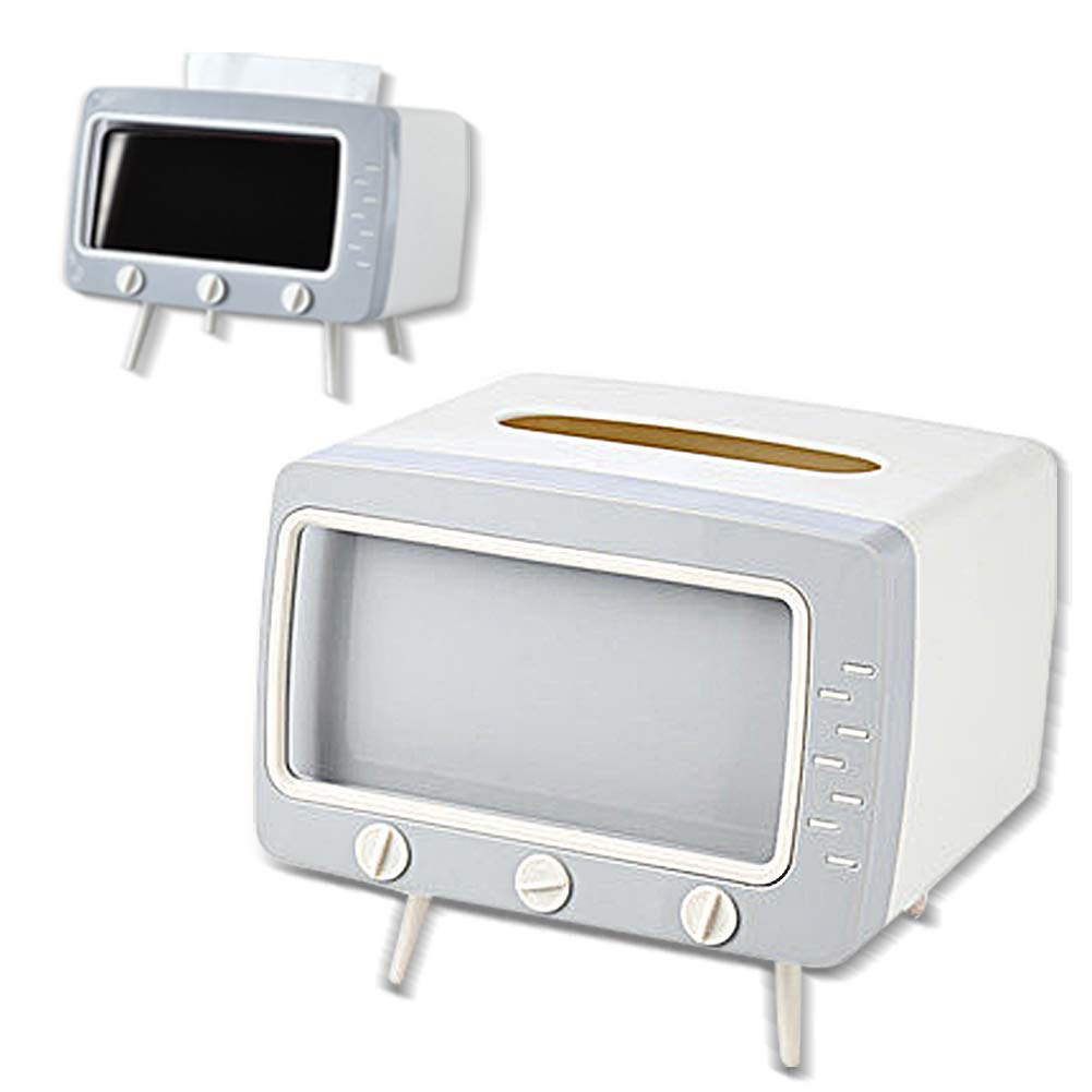 SGVAHY Creative Tissue Box Holder with Cell Phone Stand Unique Fun TV Design Compatible with All Phones for Bedroom and Office Room (Gray, TV Tissue Box)
