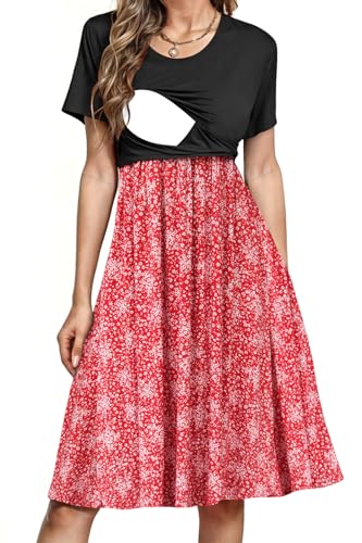 Image of PARNIXS Women's Nursing Dress Summer Short Sleeve Patchwork Pregnancy Clothes with Pockets