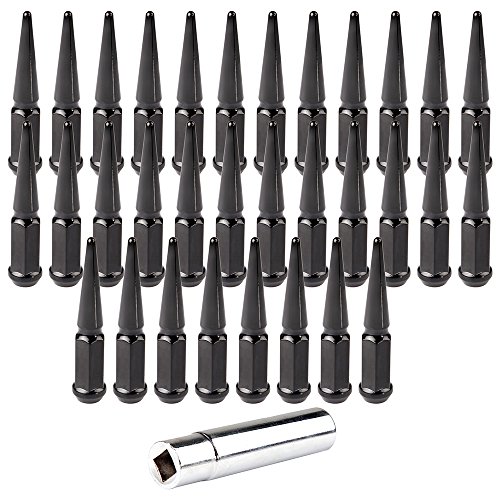 SCITOO 32PCS Black Lug Nuts 4.5" Tall, 14x1.5 Thread, with 1 Key, Fits for Ram 2500 1500 for Ford for F-150 G-MC Yukon