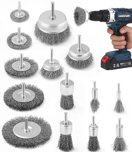 14-teilig Drahtbürste Bohrmaschine Metall Satz Rundschaft 6mm Abtragen und Polieren teilig für Bohrmaschine gewellter Stahldraht Im Set Scheiben Topf Pinsel und Zylinderstahlbürste