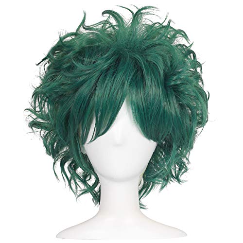 ColorGround All Green Short Curly Prestyled Natural Cosplay Wig for Men and Women (All Dark Green)