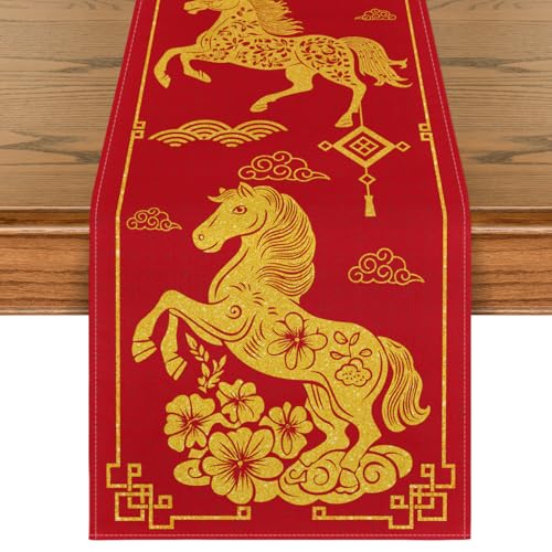 Artoid Mode Chinese Zodiac Horse 2026 Happy Lunar New Year Table Runner, Spring Festival Winter Kitchen Dining Table Decoration for Home Party 13x72 Inch