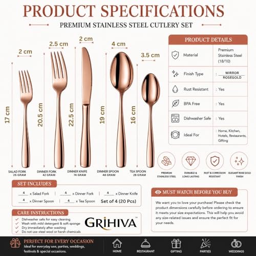 Image of 20 Pcs Rosegold Cutlery Set for Dining Table the Perfect Mirror Polish Hevy Duty Tableware Including Dinner Spoon, Dinner Fork, Dinner Knife, Dessert Spoon & Dessert Fork