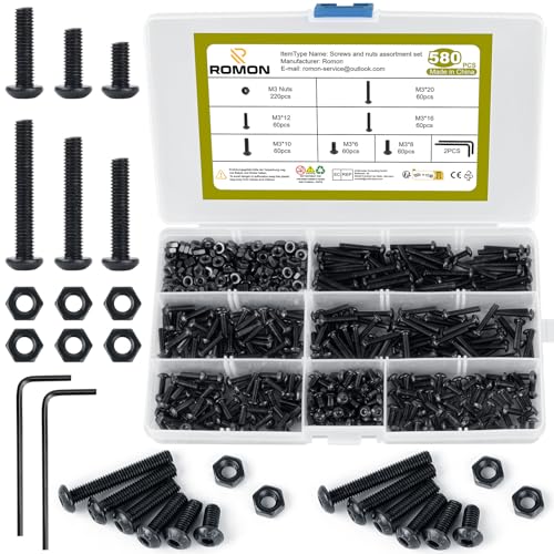 Romon 580 Piezas M3 Tornillos y Tuercas Kit, Tornillos Allen con Tuerca, Juego de Tornillos Roscados, Tuercas Hexagonales de Cabeza Redonda para Impresoras 3D,con 2 L Shape Llaves Hexagonales