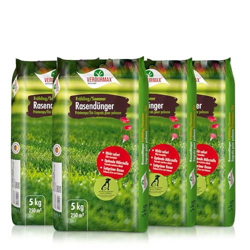 Verdurmax 4 x 5 kg d'engrais pour gazon Printemps & Été – Engrais à libération prolongée avec azote pour 1000 m² de gazon vert luxuriant – Sans danger pour les chiens – Compatible avec épandeur