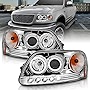 AmeriLite for 1997-2003 Ford F150 / Expedition Chrome Projector LED Dual Halo Ring Replacement Headlights Pair - Passenger and Driver Side