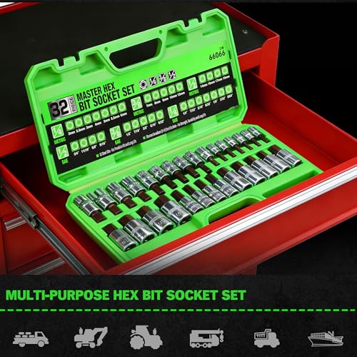 Image of SWANLAKE 32 Piece Hex Bit Socket Set,SAE and Metric, 1 /4'', 3 /8', 1 /2'' Drive Socket Set, S2 & Cr-V Steel