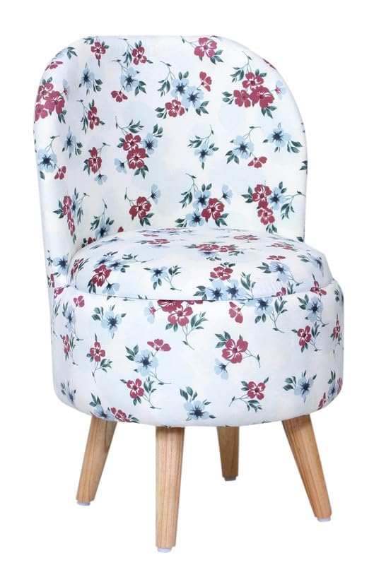 Image of Ottoman for Living Room, Velvet Round Foot Rest Stool, Wooden Legs Chair for Sitting, Ottoman for Bedroom & Makeup Room Decor | Chair (18 inchx18 inchx32 inch), Puffy (16 inchx16 inchx17 inch) | White Flower