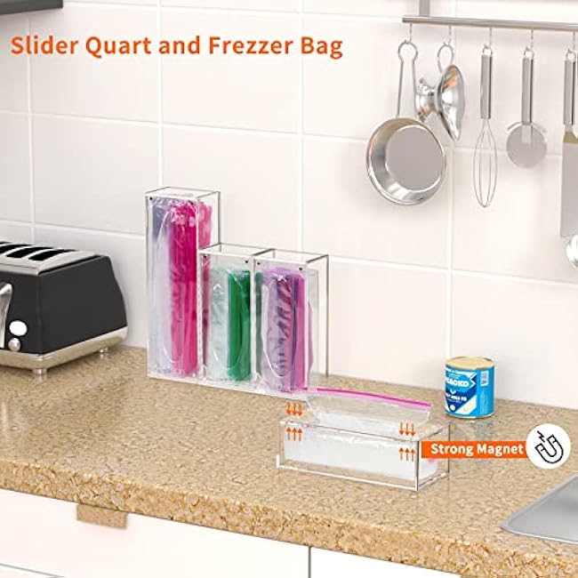 FEMELI Food Bag Storage Organizer, Acrylic Kitchen Drawer Baggie Box, Compatible with Gallon, Slider Quart, Freezer, Sandwich, Snack, Variety Size Bags, 4 separate Pack(Clear)