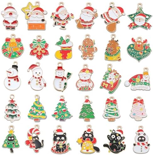 30PCS Assorted Thanksgiving Christmas Charms Assorted Gold Plated Enamel Xmas Pendant DIY for Necklace Bracelet Jewelry Making and Crafting Bag Sweat Cloth Decoration