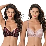 Curve Muse Damen Plus Size Push Up Add 1 Cup Bügel Perfekte Form Spitze BH, Schwarz/Rot, Aprikosenrosa (2 Stück), 110E