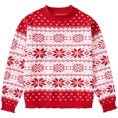 Kids Red Christmas Sweaters 11-12 Years Girls Funny Snowflakes Xmas Sweaters Red and White Festive Christmas Pullover Long Sleeve Top Cover