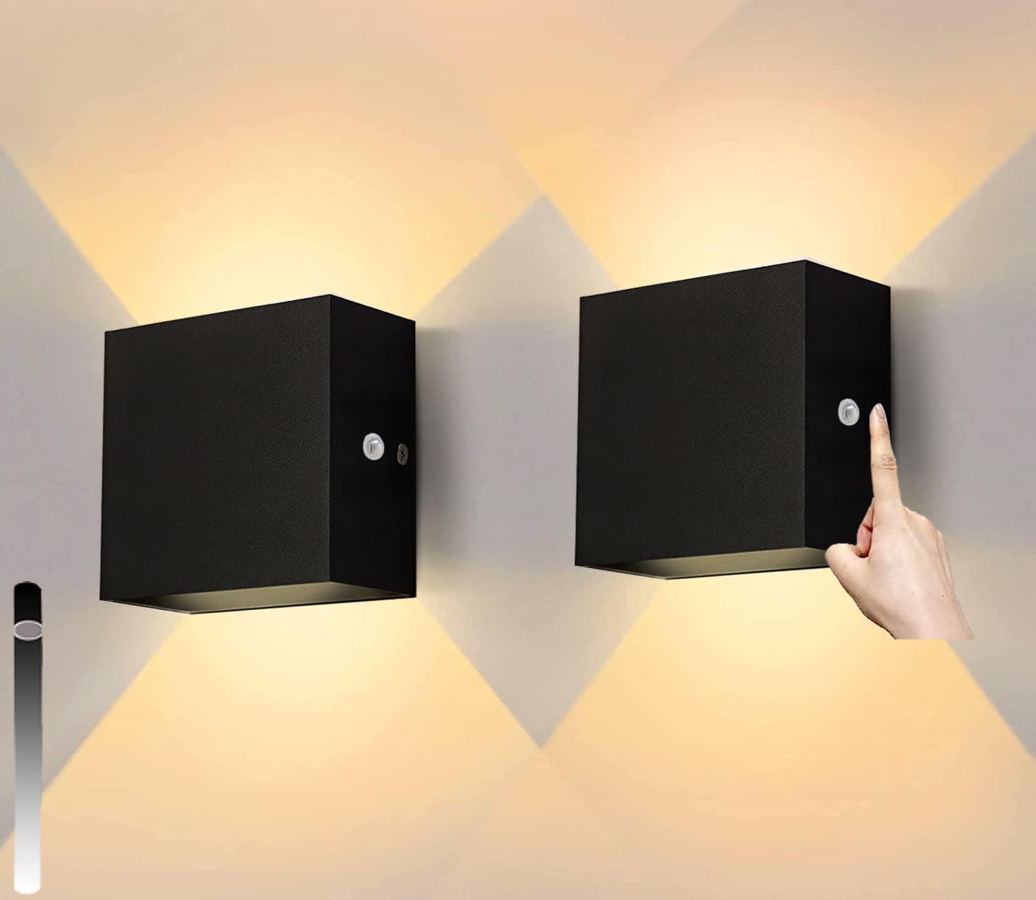 Dimmbare LED Wandleuchte mit Schalter, Aluminium Modern Up-Down Wandlampe, 3000K Warmweiß, Schwarz, 12x12cm, Innen Wandlicht für Wohnzimmer, Schlafzimmer, Flur, Badezimmer