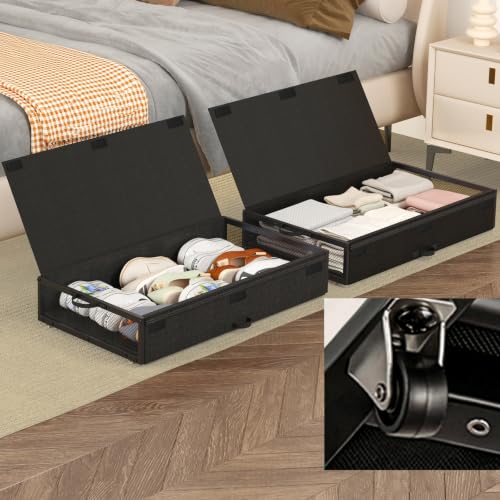 Image of Fokyfok 2 Pack Under Bed Storage with Wheels 6 inch Height | Metal Frame,Lid,Rolling Slim Under Bed Drawers for Shoes,Clothes,Shallow Underbed Storage,Under Couch Storage,Black