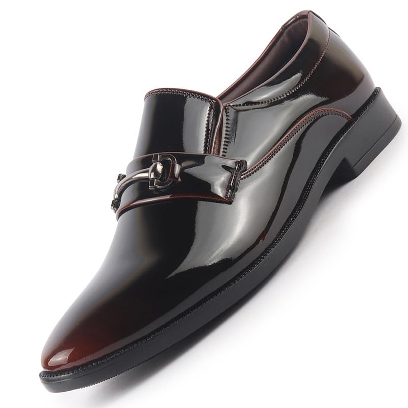 Image of FAUSTO Men Horsebit Buckle Patent Leather Party Formal Slip On Shoes | Extra Cushioned Insole Tuxedo Loafers for Wedding, Reception, Cocktail