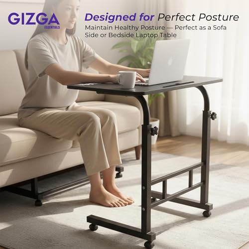 Image of Gizga Premium Height Adjustable Laptop Table for WFH, Bed, Sofa, Office| Foldable & Portable MDF Wooden Desk| Ergonomic Trolley Table with Wheels Lock, Heavy Duty Rust Proof Metal (Black)