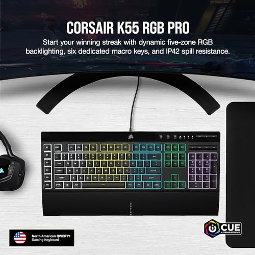 Image of Corsair K55 RGB PRO Membrane Wired Gaming Keyboard - QWERTY US Layout, IP42 Dust and Spill-Resistant - 6 Macro Keys with Elgato Integration - iCUE Compatible - PC, Mac, Xbox - Black