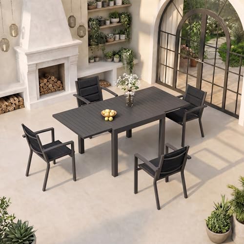 TRIUMPHKEY Gartenmöbel Set 4 Personen, Balkonmöbel mit Aluminium, 4 Stapelstühle und 1 80/160 cm Gartentisch Ausziehbar, Terassenmöbel Außen, Dunkelgrau