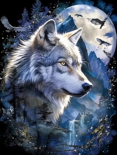 Diamond Painting Loup et Lune Activité Manuelle pour Décoration Maison