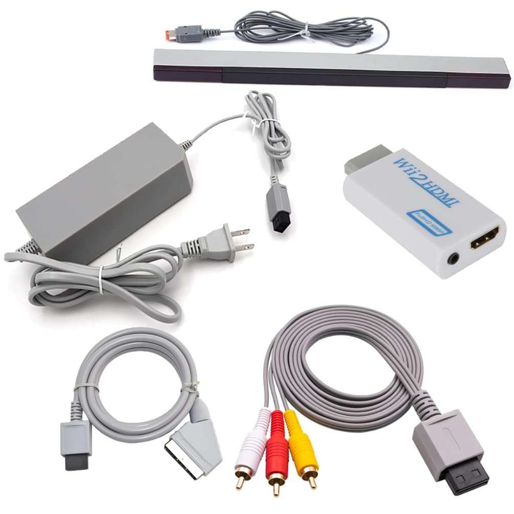 VANJUNN 5 Pack Cables Set for Wii, Replacement Wired Motion Sensor Bar, Power Supply Adapter, hdmi Converter, 3RCA Video Cable and RGB Scart Cable for Nintendo Wii (5 in 1 Pack)
