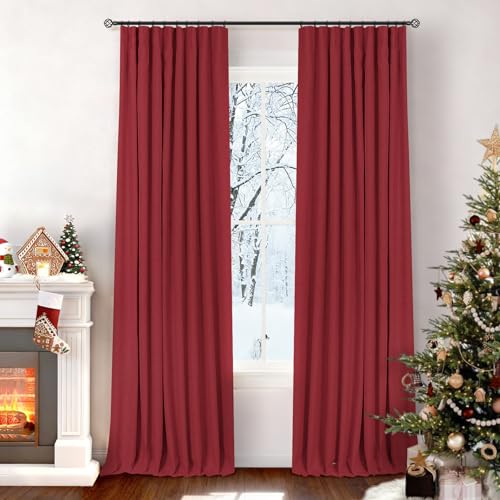 Image of INOVADAY 100% Blackout Curtains for Bedroom, Ruby Red Black Out Curtains 84 Inch Long, Clip Rings Linen Blackout Drapes, Thermal Insulated Room Darkening for Living Room, 2 Panels - W50xL84