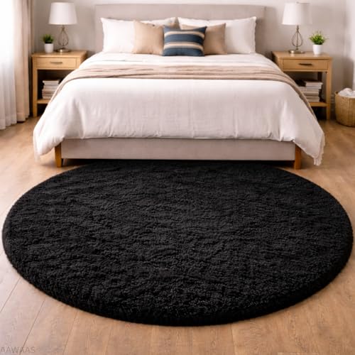 Image of Premium Polyester Shaggy Round Rug - Ultra Soft Fluffy Circle Carpet for Bedroom, Living Room, Kids Room, Anti-Skid Plush Floor Rug - (Black, 6 feet|180cm)