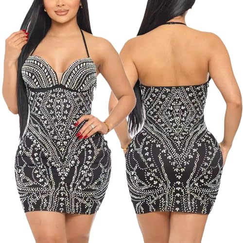Image of PORRCEY Women's Sexy Elegant Rhinestone Mesh Party Club Night Mini Dress