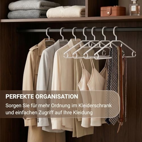 Berlona Kleiderbügel mit 360° drehbarem Haken | 20 Stück rutschfeste Kunststoffbügel | Platzsparendes Design, Made in Europa | Für leichte Mäntel, Pullover, Hemden und Krawatten | Weiß
