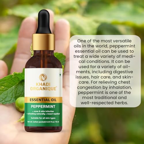 Image of Khadi Organique Peppermint Essential Oil | Natural Therapeutic Grade Oil | For Hair Growth, Skin Care, Steaming, Diffuser, Aromatherapy & Insect Repellent | Soothing Relief & Muscle Relaxation - 15ml