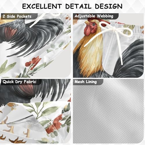 Pigsaly Boys Swim Trunks Farm Animalwatercolor Black Rooster Boys Board Shorts Swimsuit Swimwear Summer Bathing Suit S3