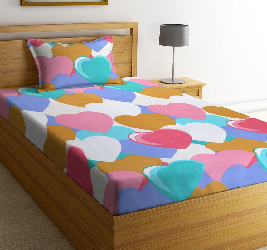Image of NHD HOME Premium Glace Cotton 180 TC Flat Single Bedsheets Breathable | Wrinklefree (Size-60 X 90 Inch) With 1 Floral King Size Pillow Covers (Size-17 X 27 Inches, Multicolour Big Heart Print)