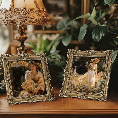 Image of eletecpro 8x8 Vintage Picture Frame with Real Glass Cover, Ornate Antique Photo Frame, Display 8x8 Picture for Tabletop or Wall Hanging, Gold Home Decor for Gallery Art