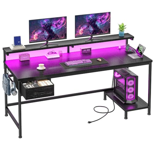 Image of DurayLoly 47.2 inch Gaming Desk with Power Outlet and LED Lights,Bedroom,Black