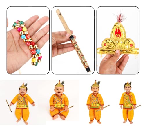 Image of Zest 4 Toyz Kids Krishna Dress Costume for Janmashtami Boys Kanha Fancy Dress Kurta, Dhoti, Patka, Kundal, Morpankh, Mukut, Mala, Bansuri