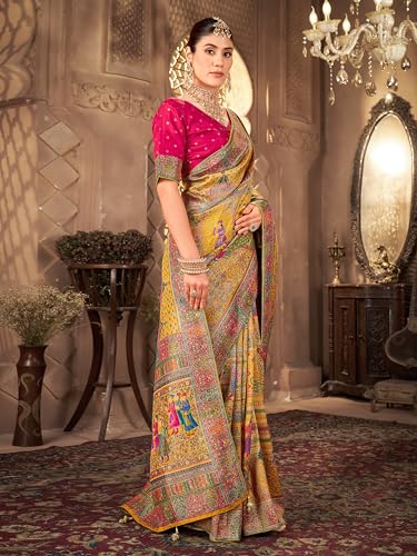 Image of Glory Sarees Women's Luxurious Dola Pure Silk Original Saree Position Print Work Madhubani Inspired Motifs Banarasi Kanjivaram Style Saree With Blouse Piece (Elegant101 Parent)