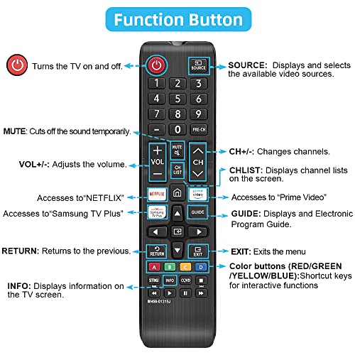 BN59-01315J Replace Remote for Samsung Smart TV Remote Control and Samsung LED LCD QLED 4K 8K UHD 3D HDTV HDR Curved Crystal Smart TV with Netflix, Prime Video, Samsung TV Plus Button view 7