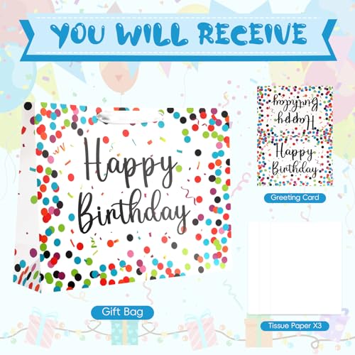 Image of JMANNI Large Happy Birthday Gift Bag with Tissue Papers and Greeting Card, Portable Paper Gift Bags with Handles,Colorful Dots Present Bags for Women Girls Birthday Party Supplies 13 inch x 10.2 inchx4.7 inch