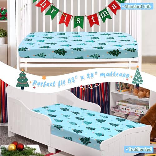 Image of JISEN Christmas Fitted Crib Sheets for Boys Girls 52x28 Inch Cartoon Tree