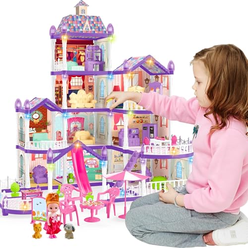 OCTERIC Doll House for Girls ,10 Rooms Purple Doll House with Dolls Figure, Puppies ,Furnitures, Accessories, LED Light, Toddler Playhouse Gift for for 3 4 5 6 7 8 9 10 Year Old Girls Toys