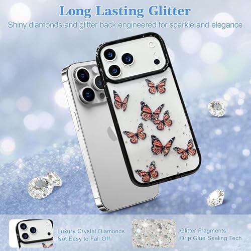 Image of VONZEE Glitter Butterfly Back Cover Case Compatible with iPhone 17 Pro, Clear Cute Bling Sparkle Shiny Soft TPU Bumper Shockproof Women Girls Slim Protective Phone Cover for iPhone 17 Pro 6.3 inch,Black