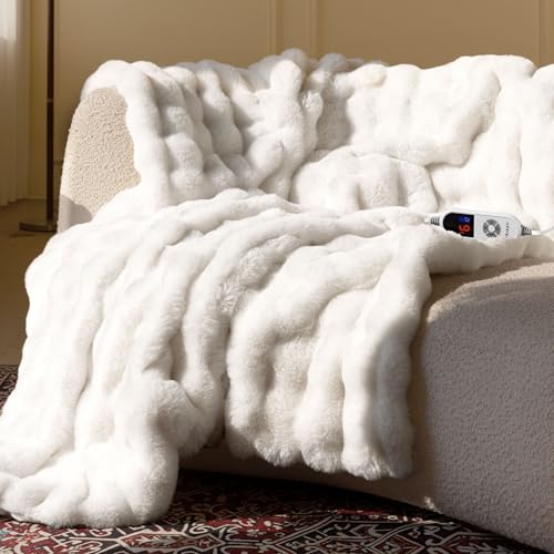 Electric Heated Blanket for Girls & Women Soft & Luxurious Faux Fur Heating Throw Blankets 6 Heat Settings Overheat Protection Quick Heating Memory Function Giftable 50x60 Off White